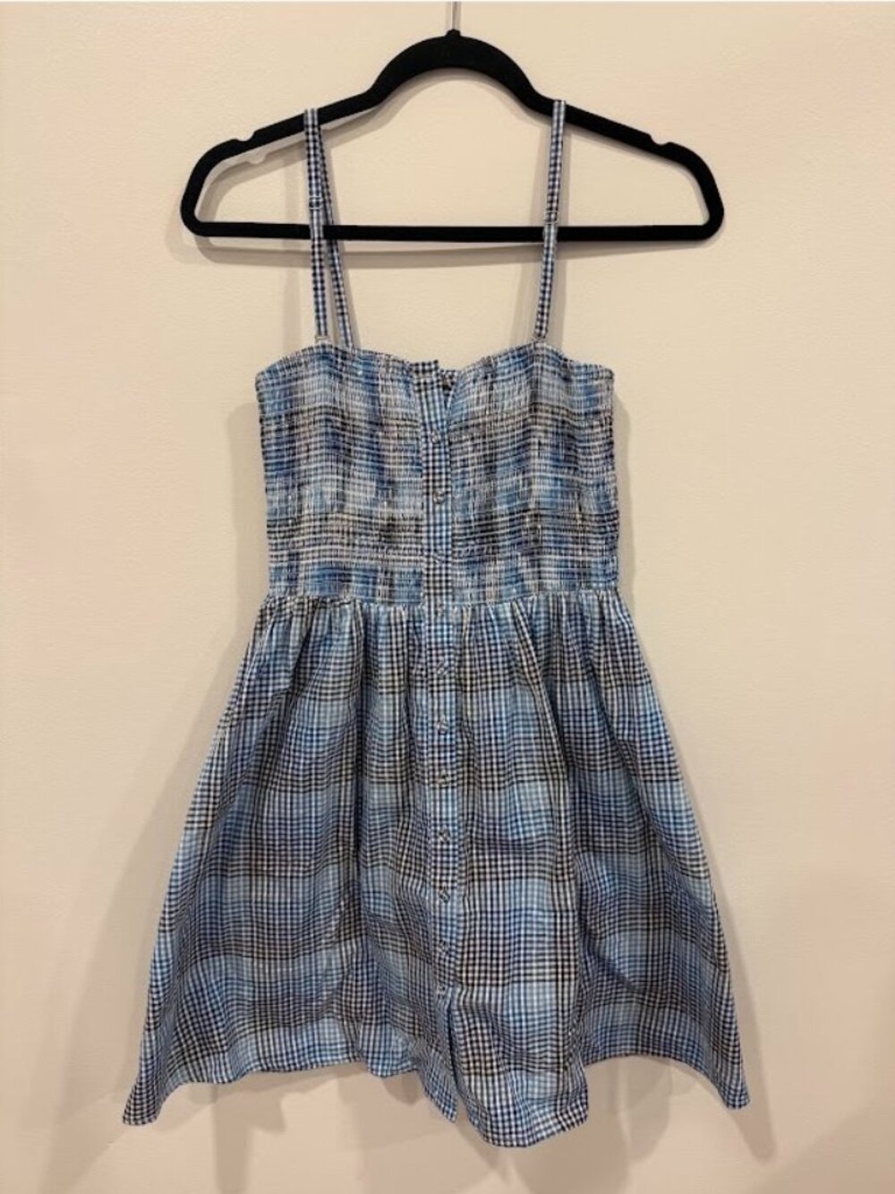 Topshop seersucker check shirred mini dress in blue check